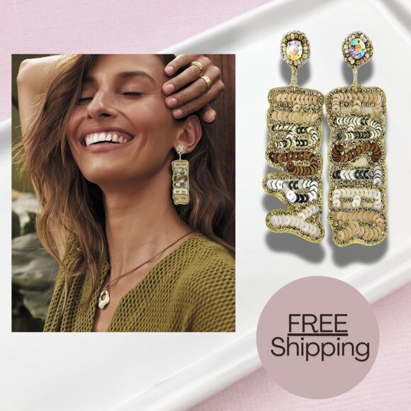 Happy Easter Sequin Seed Beaded Rhinestone Sparkle Neutral Shades Earrings NEW - Picture 1 of 5